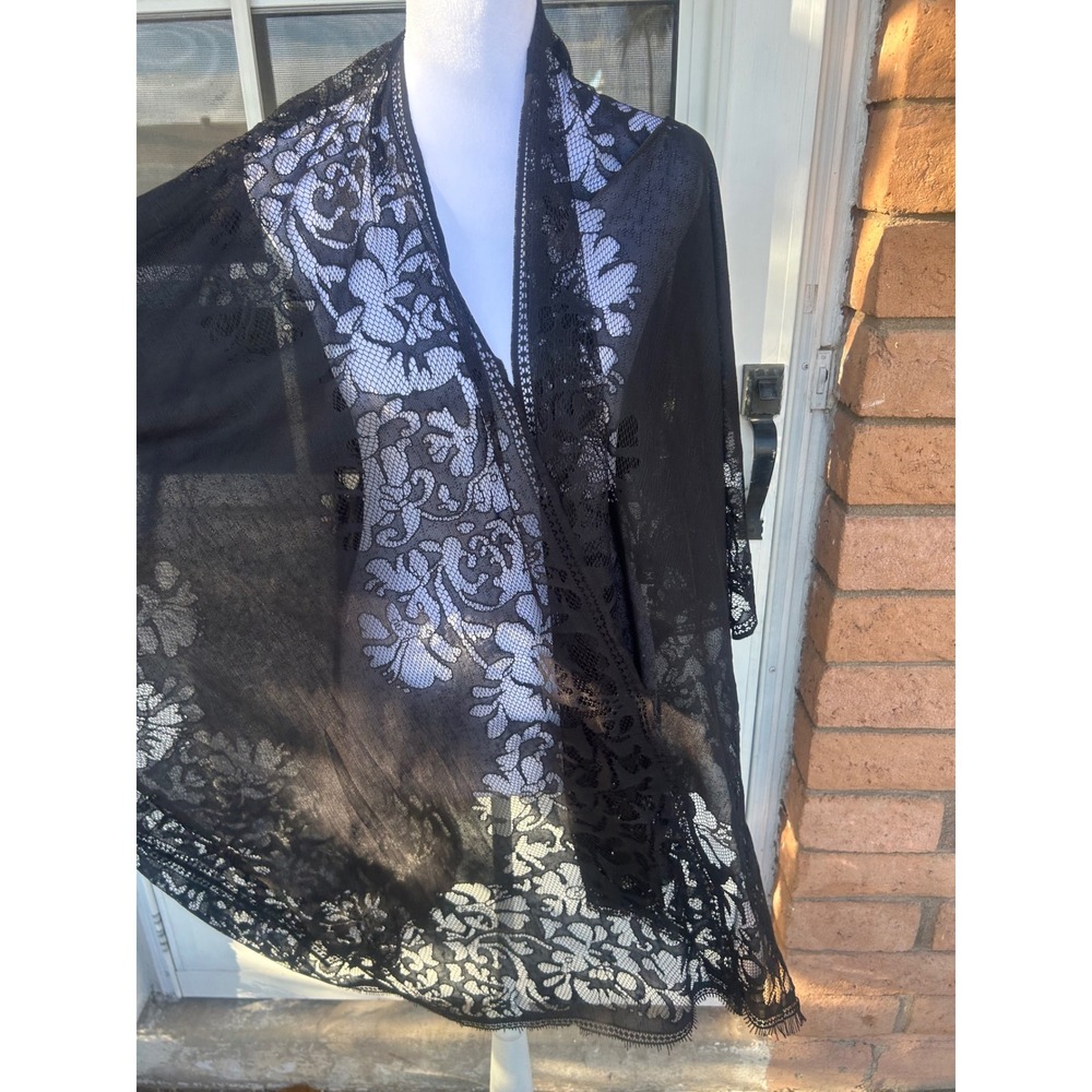 Black Floral Lace Kimono Cardigan Sheer Open Front Wrap Eyelash OSFM Festival - Picture 6 of 8
